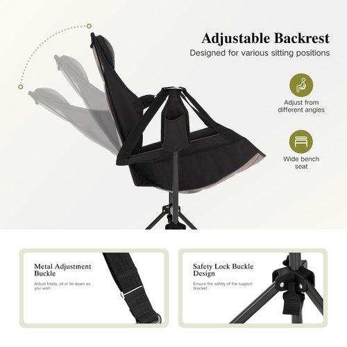 HIGH POINT SPORTS Hammock Camping Chair, Adjustable Back Swinging Chair, Folding Outdoor Rocking Chair, Heavy Duty Portable Camp Chair with Cup Holder and High Back for Adults, Black