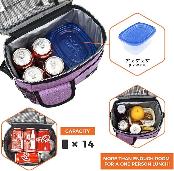 opux Insulated Lunch Bag for Men Women, Leakproof Heather Purple Lunch Box for Work, Portable Soft Lunch Cooler Bag with Shoulder Strap, Adult Lunchbox Lunch Pail for Kid Boy Girl School, 14 Can/8L