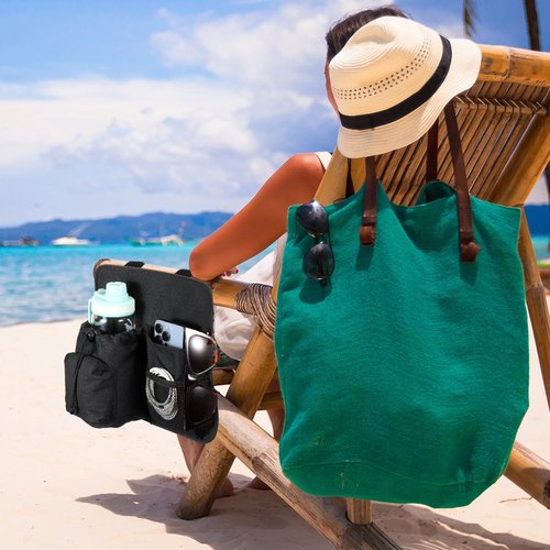 Cosblank Beach Chair Cup Holder Attachment Nylon Chair Drink Holder Phone Water Bottle Holder Organizer 4 Pockets with 2 Self Adhesive Strap for Patio Lounger, Foldable Camping Chair(Black)