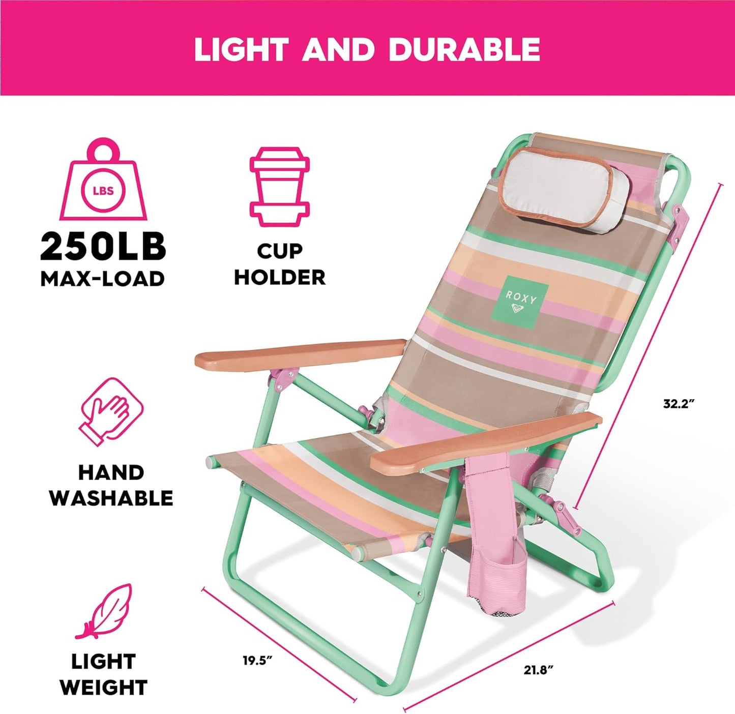 ROXY Beach Chair – Lounge Chair Outdoor, Lightweight Folding Chair with Adjustable Recline and Cup Holder – Beach Days, Pool Lounge Chairs, Folding Camping Chairs, Sun Tanning Chair or Festival