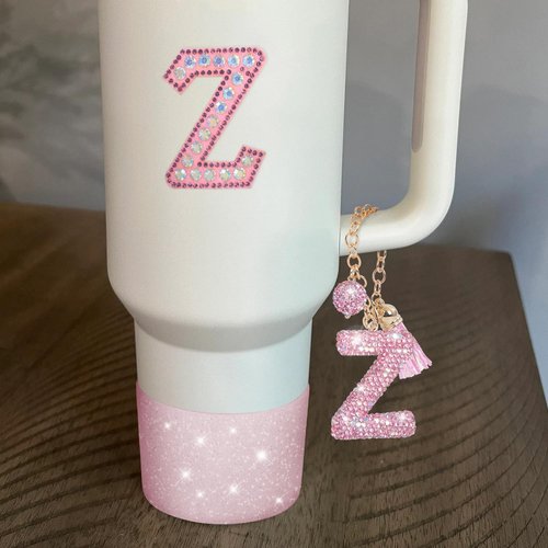 Pink Diamond Letter Charms Accessories For Handle Set,Bottom Protector for 40oz 30oz Stanley Cup Diamond Crown Straw Cover & Diamond Sticker (Z)