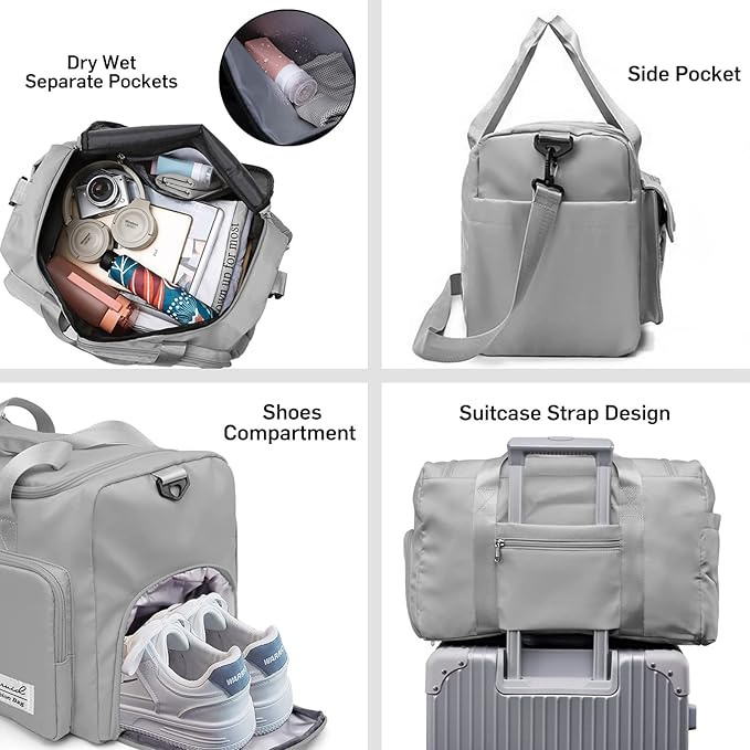 Sports Gym Duffel Bag with Shoes Compartment and Dry Wet Separated Pocket for Men and Women - Overnight Weekender Training Handbag Yoga Bag - Gray