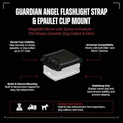 Guardian Angel Flashlight Strap & Epaulet Clip Mount Accessory – Magnetic Mount with Screw-in Feature – Securely Snaps Around Straps & Epaulets – for Uniform Epaulets, Shoulder Straps, Dog Collars