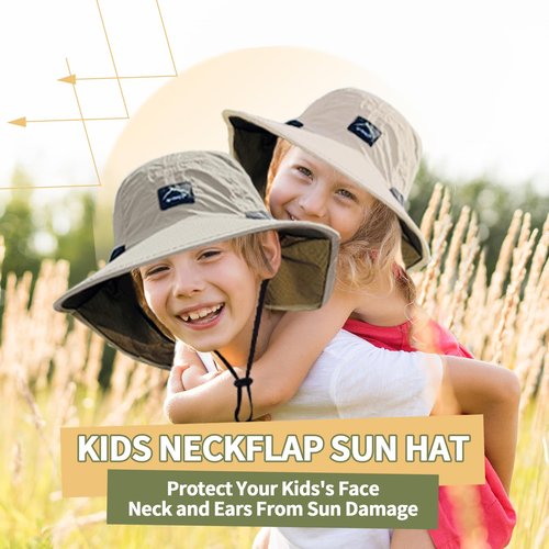 ZOORON Kids Sun Hat with Neck Flap UPF 50+ UV Protection Wide Brim Breathable Fishing Safari Beach Summer Hat for Boys Grils Beige