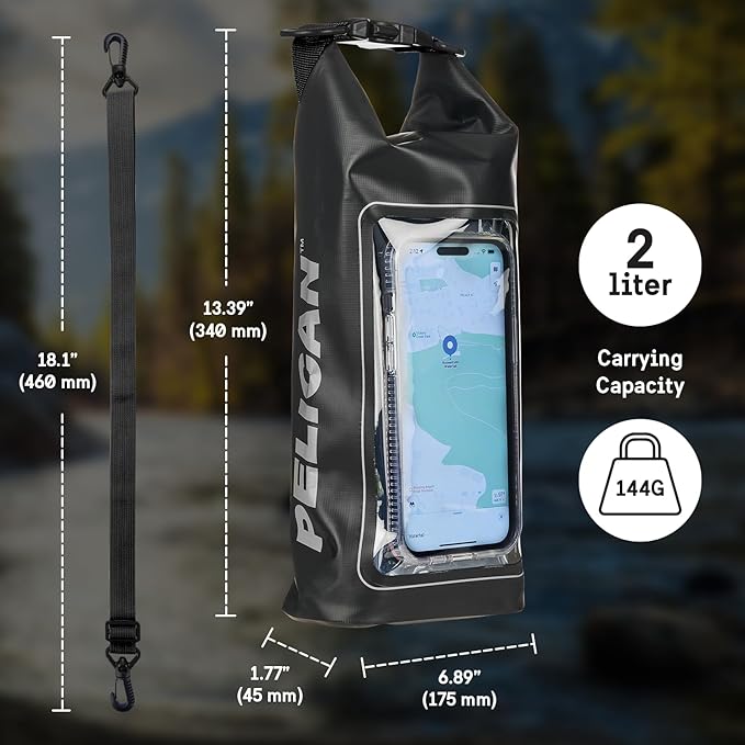 Pelican Marine IP68 Waterproof Dry Bag 2L - Roll Top Waterproof Backpack w/ Phone Case / Pouch - Boating & Kayak Accessories - Essentials for Camping Swimming Beach Fishing Rafting Travel - Black