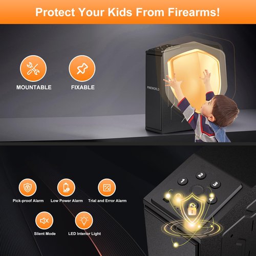 PINEWORLD Gun Safe For Handgun, Biometric Slider Bedside Handgun Safe, Pistol Lock Case for Nightstand,Sliding Door Hand Gun Safe for Pistol -with 3 Quick Access Fingerprint, PIN Code, KEY