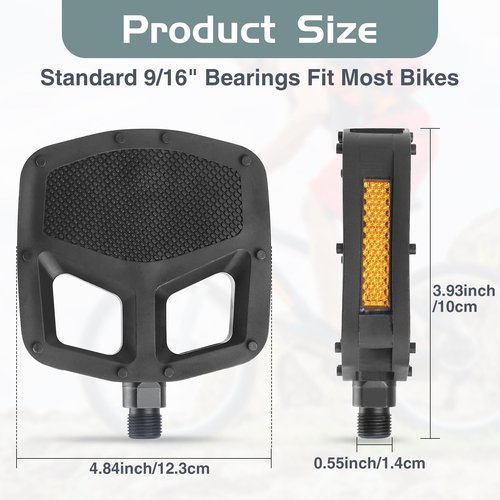 PP 9/16 Inch Mountain Bike Pedals - 1 Pair with Reflective Strips, Non-Skid Platforms, Waterproof for Road, Mountain, E-Bike & BMX
