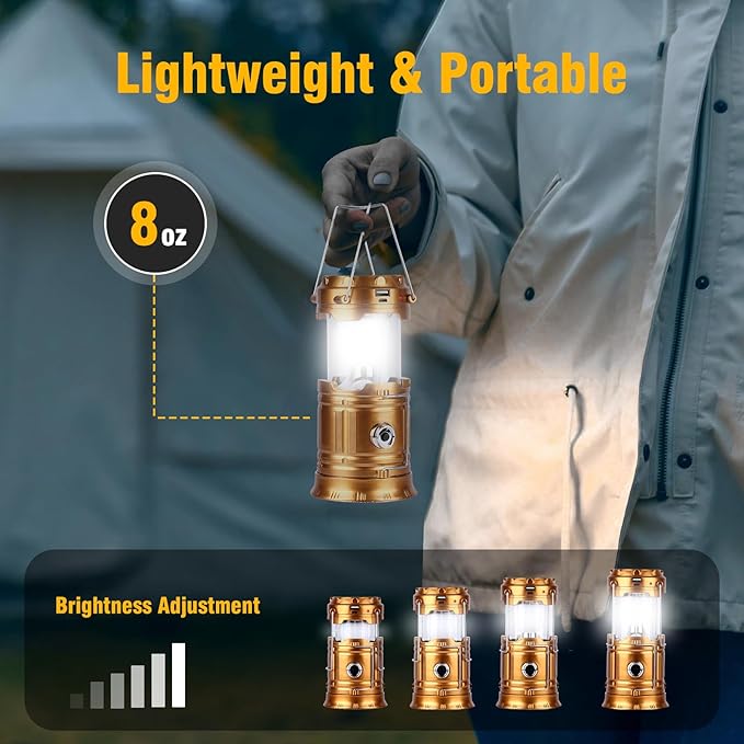 Solar Camping Lantern for Power Outages - USB Rechargeable Lamp Camping Essentials，Collapsible Waterproof Solar Lights for Indoor Outdoor Emergency Light/4 Packs/Gold