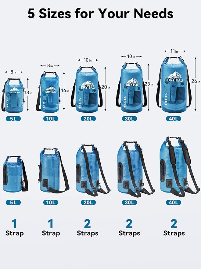 HEETA Dry Bag Waterproof for Women Men, 5L/10L/20L/30L/40L Roll Top Lightweight Dry Storage Bag Backpack with Phone Case for Travel, Swimming, Boating, Kayaking, Camping & Beach, 11 Transparent Colors