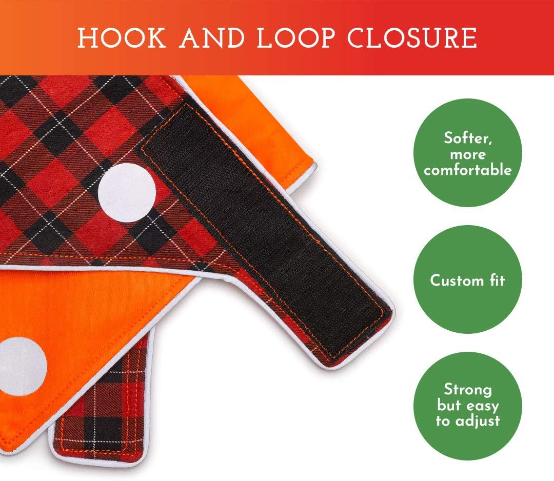 SPOT THE DOG! Reflective Dog Bandanas - Reversible High Visibility Safety Dog Accessories for Small, Large Dogs, Collar, Scarf, Bib Gear for Hunting, Walking at Night (Blaze Orange, Red Plaid, M-L)
