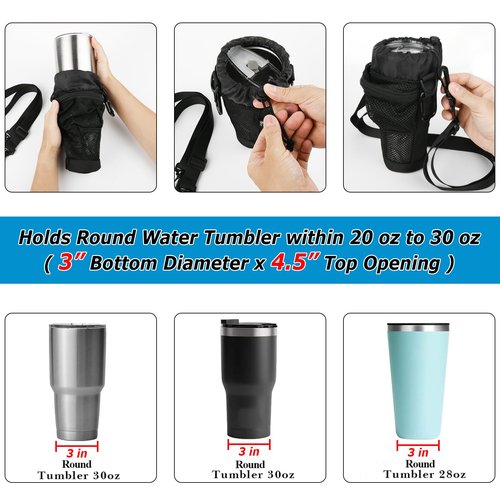 Cosmos Water Tumbler Carrier Bag Water Bottle Sling Bag Pouch Holder for Travel Hiking Walking Gym - Fits 20-30 Oz Insulated Round Water Tumbler - with Ventilated Mesh Pocket & Adjustable Sling Strap