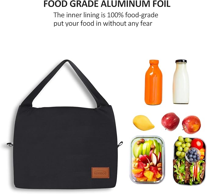 Aosbos Black Lunch Bag Women Insulated Lunch Box for Women Lunch Bags for Adult Lunchbox Lunch Tote Bento Box Cooler Bag for Work Office Picnic Loncheras Para Hombres Mujer