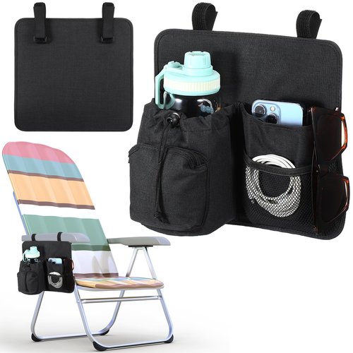 Cosblank Beach Chair Cup Holder Attachment Nylon Chair Drink Holder Phone Water Bottle Holder Organizer 4 Pockets with 2 Self Adhesive Strap for Patio Lounger, Foldable Camping Chair(Black)