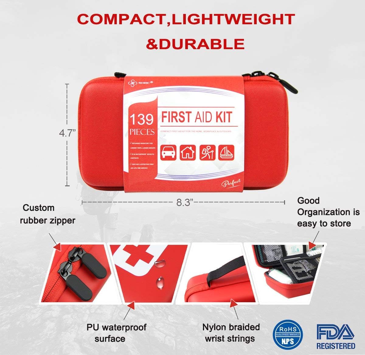 SHBC Compact First Aid Kit (139 Piece) Adventure Medical Kits Waterproof- Includes Emergency Blanket, Fire Starter, Compass, Wire Saw for Survival, Home, Car, Camping, Hiking, Hunting, Sport
