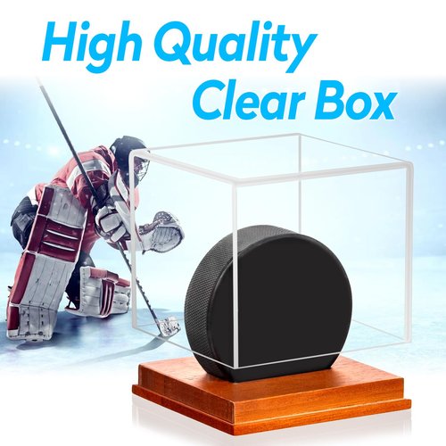 MewVeer Hockey Puck Display Case, Pucks Display Cases with Wooden Base, Acrylic Clear Box - Hockey Memorabilia Storage Holder, for Enthusiasts & Collectors & Fans (2 Pack, Square)