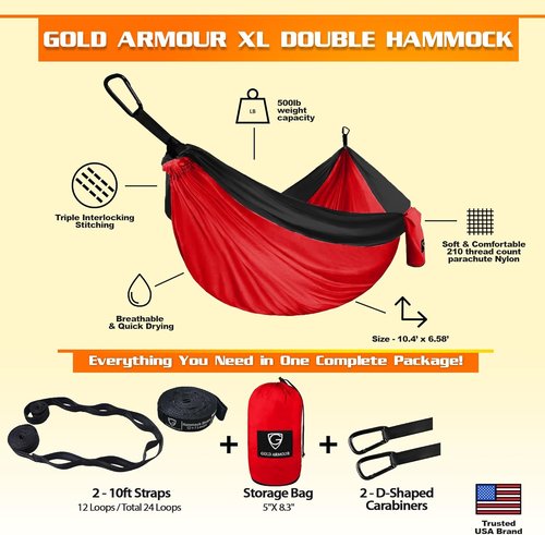 Gold Armour Camping Hammock - XL Double Hammock Portable Hammock Camping Accessories Gear for Outdoor Indoor with Tree Straps, USA Based Brand (Gray)