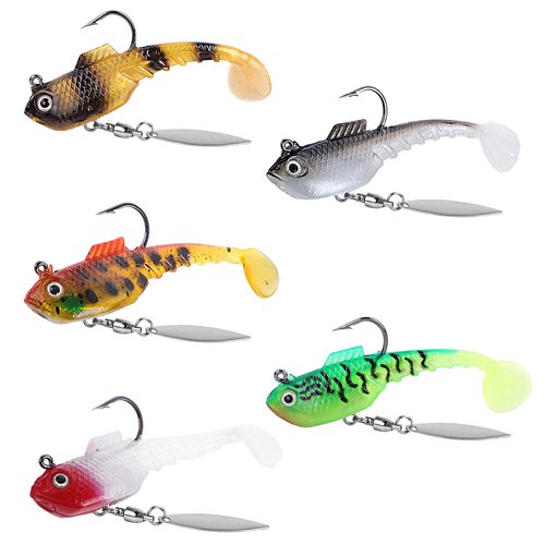 RYACO Soft Fishing Lures, Pre-Rigged Jig Soft Plastic Fishing Lures with Reflective Spinner, Paddle Tail Swimbaits for Bass Trout Walleye Crappie Fishing Jigs, 5PCS