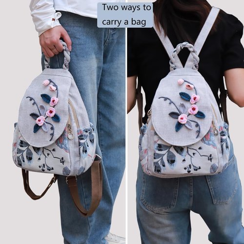 Ladies small backpack wallet, beautiful flowers summer fashion canvas leisure day ladies mini backpack, Beige