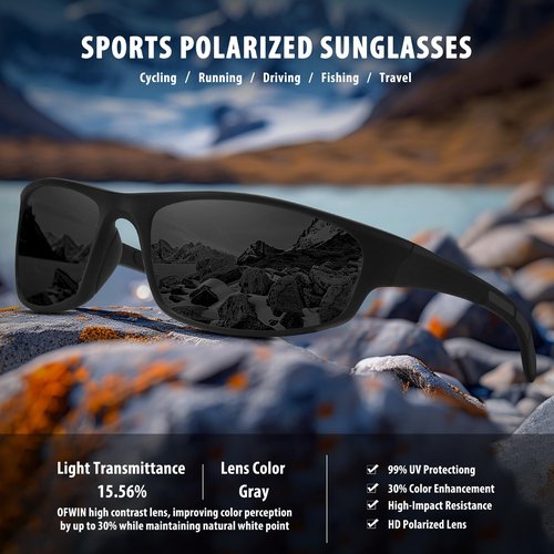Ofwin Sports Polarized Sunglasses for Men Women Wrap Around Sun Glasses Fishing Cycling Driving Running UV Protection Black