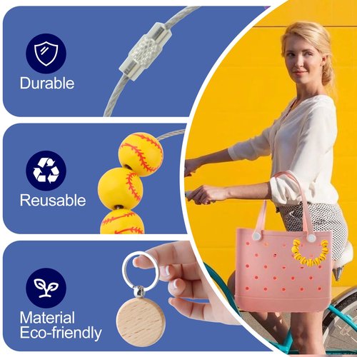 Softball Charms for Bogg Bag,2 Pcs Wooden Beads Sport Charms for Bogg Bag and Blank Wooden Keychain,Decorative Accessories Charms Compatible with Beach Bag,Rubber Tote,Backpack Bag