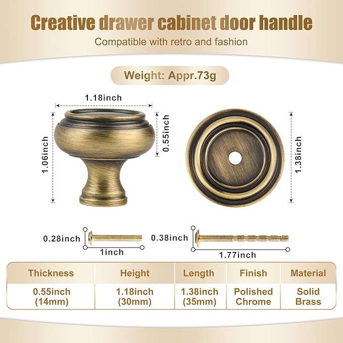2 Pack Matt Bronze Solid Brass Kitchen Cabinet Knobs,Drawer Pulls, 1.18 Inch 30mm Diameter, Modern Furniture Handles for Cupboard Wardrobe(Antique)