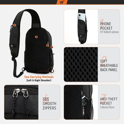 SKYSPER Sling Backpack with RFID Pocket Lightweight Crossbody Bag for Hiking Travel Shoulder Chest Bag for Men Women(Black)