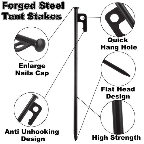 CYEAH 24 Pcs Tent Stakes, Heavy Duty 12 inch Steel Tent Pegs, Forged Steel Tent Stakes Heavy Duty, Metal Tent Pegs for Camping, Metal Stakes for Tent Used on Rocks, Snowfield and Grassland
