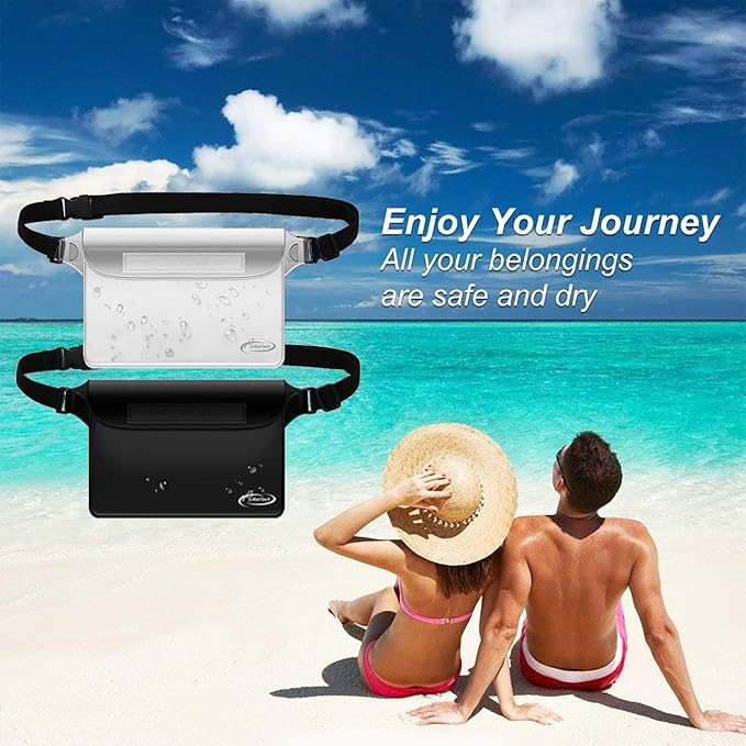 AiRunTech Waterproof Pouch with Waist Strap (2 Pack) | Beach Accessories Best Way to Keep Your Phone and Valuables Safe and Dry | Perfect for Boating Swimming Snorkeling Kayaking Beach Pool Water Park