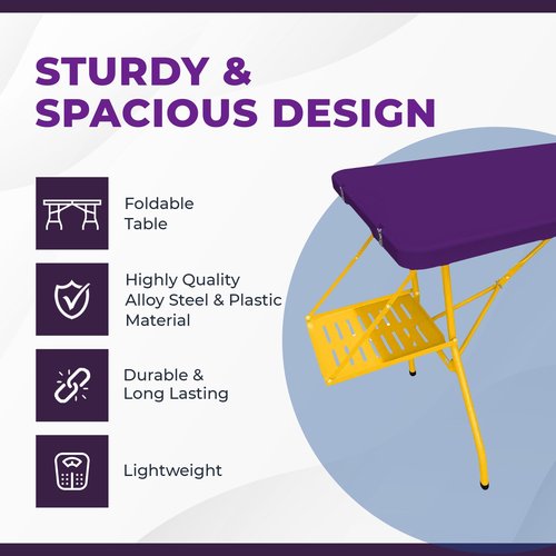 6Ft Rolling Folding Table with Built-in Wheels, Durable Plastic, Team Colors, Easy to Carry, Perfect for Camping, Picnic, Tailgating, Party, Indoor/Outdoor Use (Single Table, Purple/Yellow)