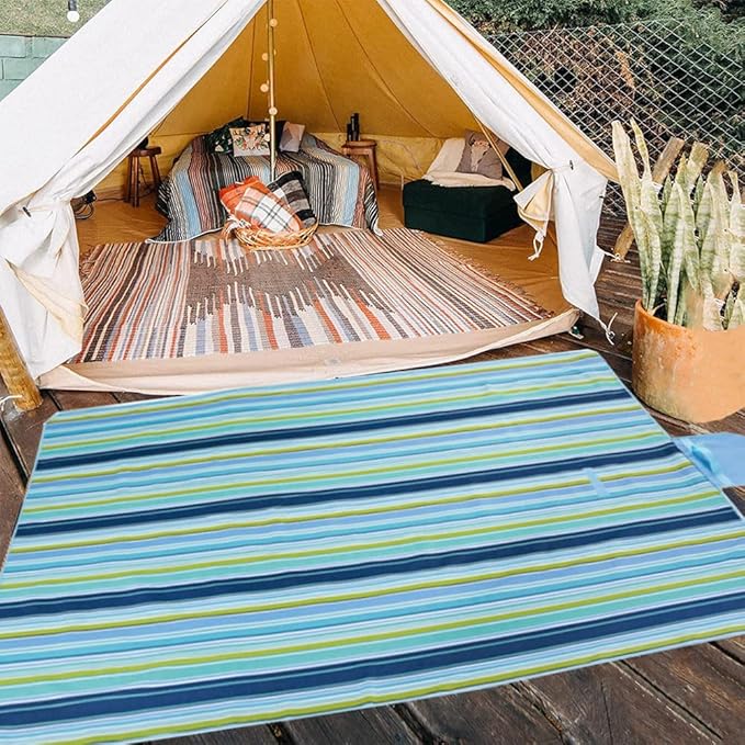 K Y KANGYUN Picnic Blanket | Beach Mat| Picnic Blankets for Indoor and Outdoor, 80" x 60" Sandproof Waterproof Larger Mats for Travel, Camping, Hiking, Park Grass, Handy Tote, Foldable (Blue Line)