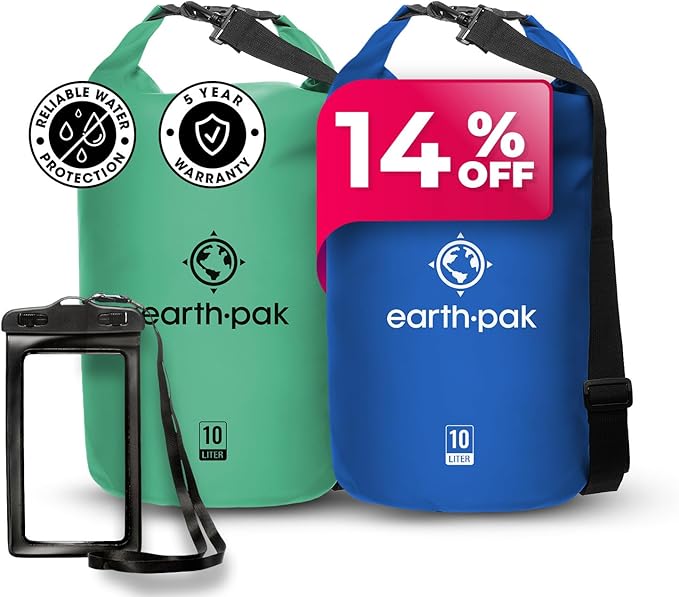 Earth Pak Waterproof Dry Bag - Roll Top Waterproof Backpack Sack (10L Seafoam Green & 10L Blue)