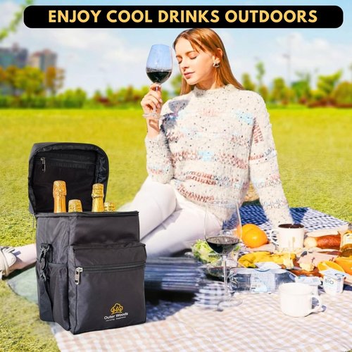 Outer Woods Insulated 4 Bottle Cooler Bag | 6+ Hours Cooling | Beverage Cooler Bag | 4 Units of Ice Gel Packs Included (Black)