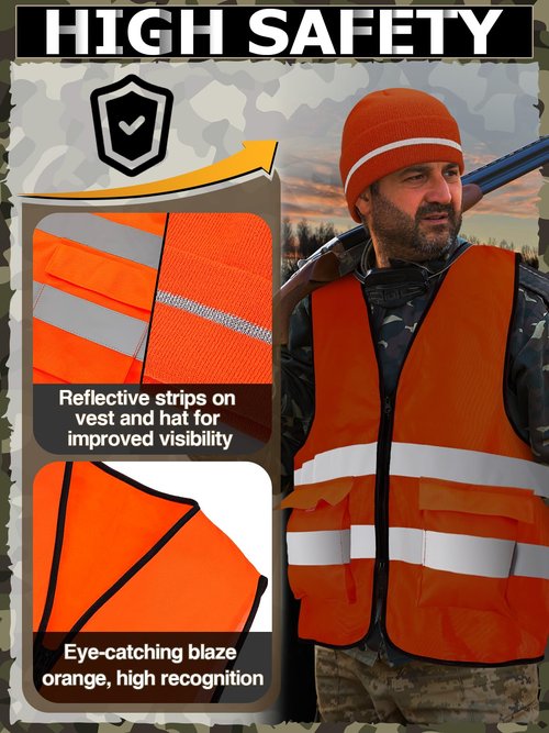 Apipi 4 Pcs Blaze Orange Hunting Vest and Beanie - High Visibility Vest for Men Women, Safety Hunting Vest with Reflective Strips for Outdoor Hunting Hiking Work, XL