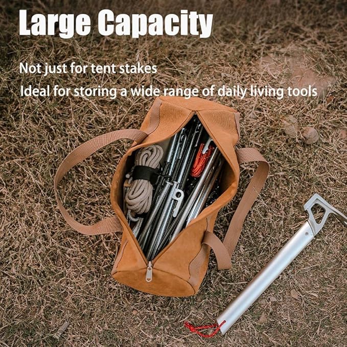 Tent Stakes Bag,Canvas Camping Storage Bags Essentials Accessories Tools Hiking Hunting Gear（Brown 40CM）