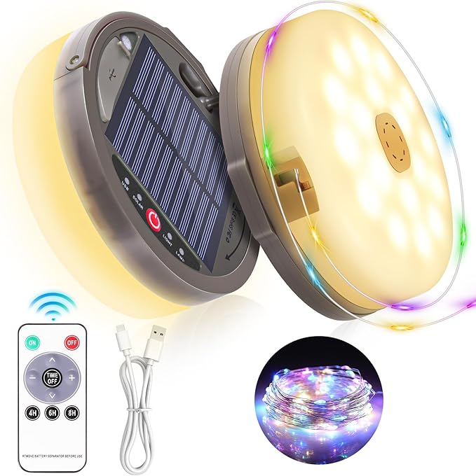 Outdoor waterproof portable stowable string light, 4 in 1 camping string lights outdoor with 8 lighting modes (42ft), solar /USB rechargeable Tent Lights for Camping, Hiking, Yard, RV (Multicolor)