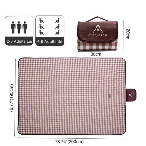 Merjeson Outdoor Picnic Blanket, Waterproof Foldable, Extra Large 79x77in, Portable Compact Beach Mat, Oversize Picnic Mat, for Camping&Music Festival&Lawn (Brown)