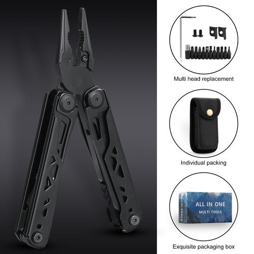 28-in-1 Multitool Pliers, Stainless Steel Multi Tool with Pocket Clip, Self-Locking, Replaceable Wire Cutters, and Precision Screwdriver, Foldable EDC Multi-Tool for Outdoor, Repair, Camping, Hiking
