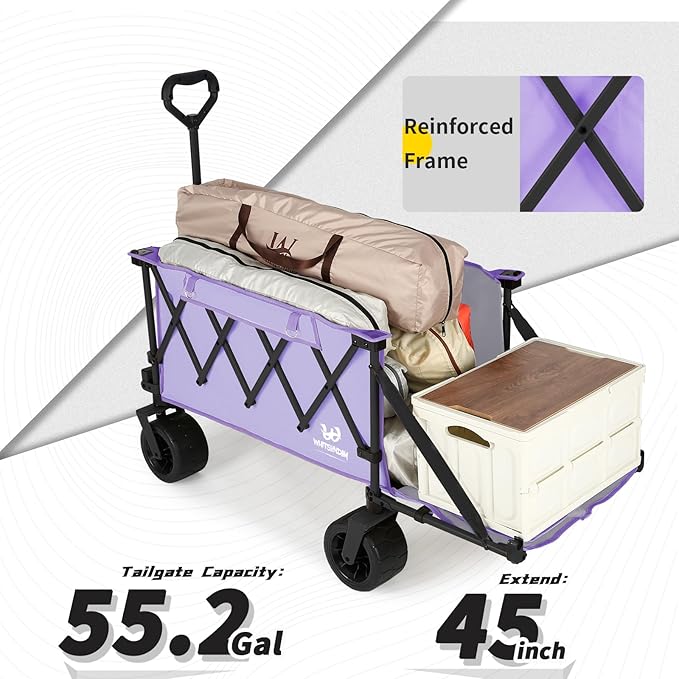 Whitsunday Collapsible Wagon with Tailgate and Big Wheel,Heavy Duty Utility Folding Wagons for Beach Camping Outdoor Purple