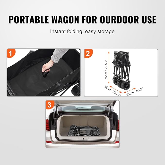 VEVOR 350lbs Collapsible Foldable Wagon Cart, Heavy Duty Foldable Utility Beach Wagon with Big Wheels, Portable Grocery Camping Cart with All Terrain Wheels and Drink Holder
