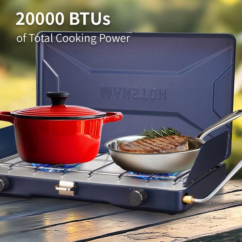 VANSTON Gas Camping Stove, Portable Separately Adjustable Double Propane Burner, Push Button Instant Ignition Grill, Built-in Carrying Handle & Wind Panels, Includes Pressure Regulator Tube