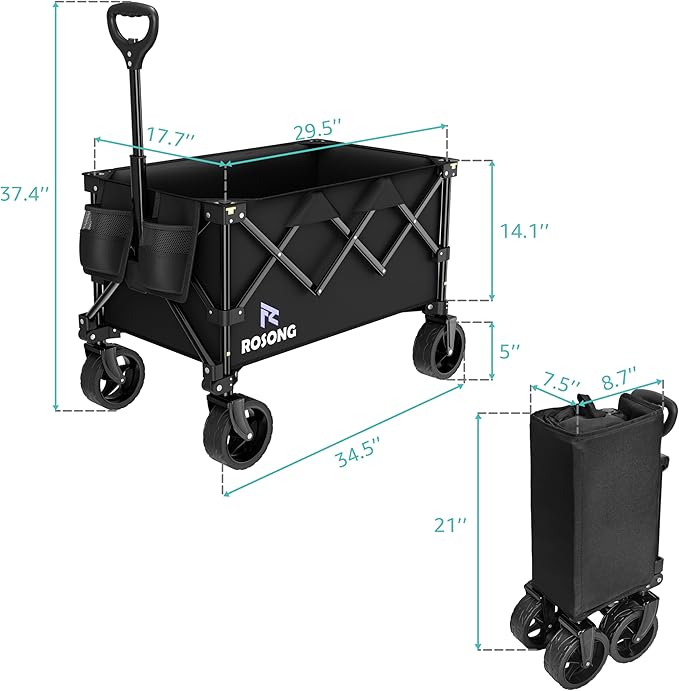 Folding Wagon Cart with Wheels Foldable - Collapsible Wagons Carts Heavy Duty, Fold Up Portable Utility Wagon for Grocery Beach Sports Fishing Camping Shopping ROSONG