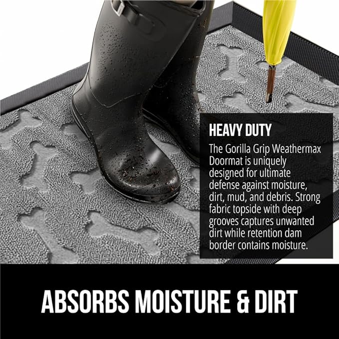GORILLA GRIP 100% Waterproof All-Season WeatherMax Doormat, 23x35, Durable Natural Rubber, Stain and Fade Resistant, Low Profile, Indoor Outdoor Doormats, Easy Clean Patio Entry Mat, Light Gray Bones