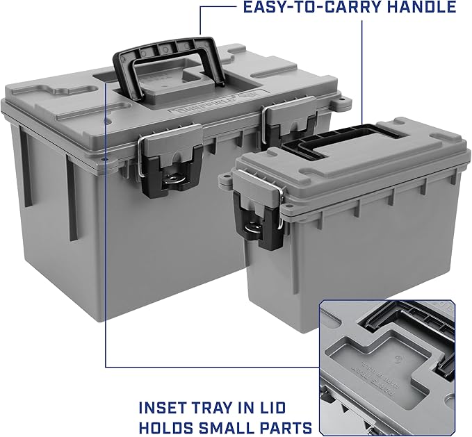 Sheffield 12755 2-Pack Combo Ammo Storage Boxes, .30 Cal and .50 Cal Field Boxes, Water and Dust Resistant, Lockable Storage Box with Handle for Hunting Gear and Bullets, Made in the USA, Gray