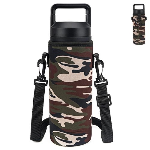 Linkidea Water Bottle Fence Sleeve with Hook Compatible with YETI Rambler Bottle 18oz, Hydro Flask Wide Mouth Bottle 18oz/20oz, Neoprene Waterbottle Sling Strap Bag for Outdoor Sports, Camo