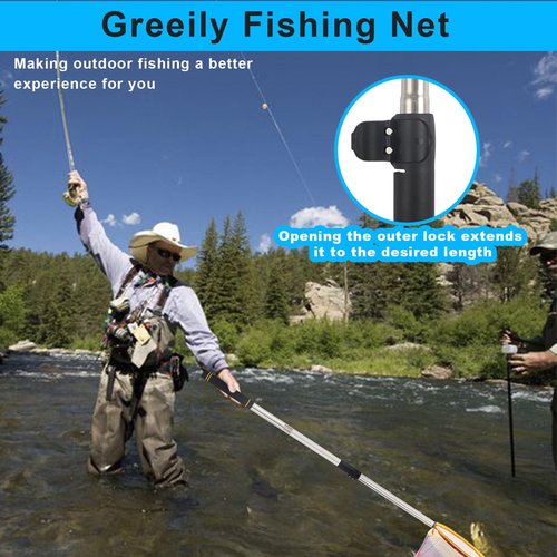 Greeily Fishing Landing Net, 44" to 64" Fishing Net Long Handle for Fishing with Telescopic Extension Pole for Kids Men Women Folding Sturdy Stainless Steel Tubes Comfortable Sponge Handle
