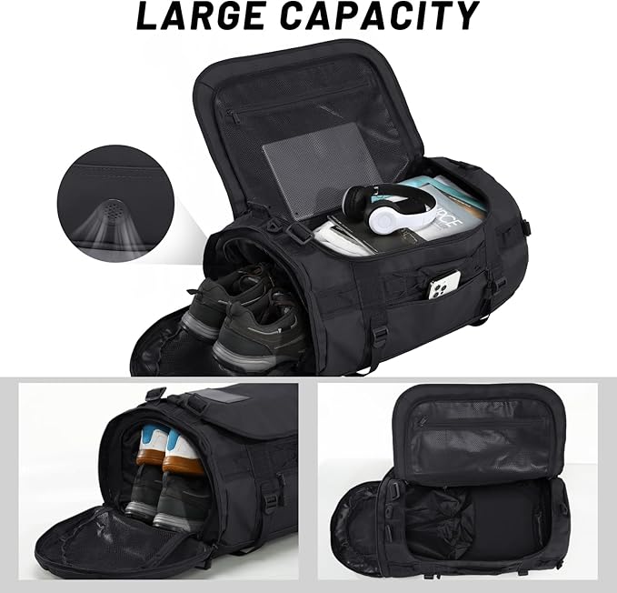MIER Large Duffel Backpack Sports Gym Bag with Shoe Compartment, Heavy Duty and Water Resistant, Black, 45L
