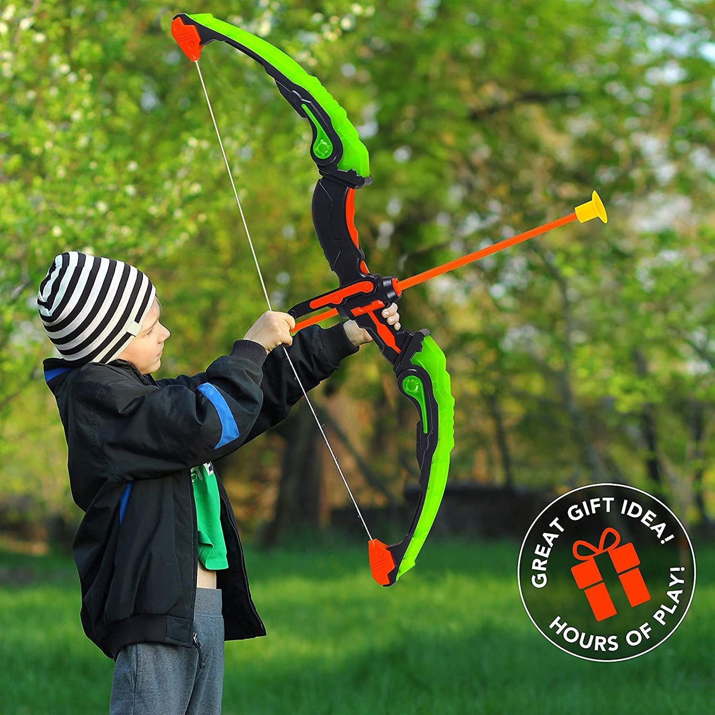 ToyVelt Kids Bow and Arrow Set - Light-Up Archery Set with 6 Suction Arrows, Target and Quiver - Outdoor and Indoor Toy for Boys and Girls Ages 4-12 (Green)