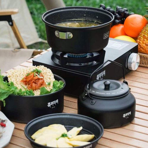Himalaya 4 Pcs Portable Camping Cookware Mess Kit with Lightweight Pots Pans Kettle Carry Mesh Bag Cleaning Sponge for Kitchen Stove Outdoor Backpacking Hiking Family Picnic Outdoor