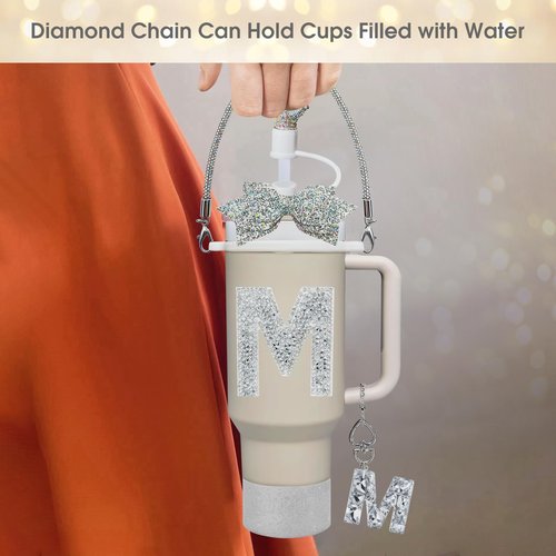 8Pcs Silvery Stanley Cup Accessories Set for Stanley Cup 30&40 Oz Tumbler - Silicone Straw Cover Cap and Boot, Handle Letter Charm, Bow Decoration Initial Sticker, Diamond Water Bottle Handle Strap(M)