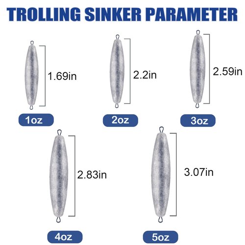 Trolling Weights Inline Fishing Weights Sinkers Double Ringed Weights for Saltwater Freshwater Fishing Get Lures Deeper 1oz to 5oz
